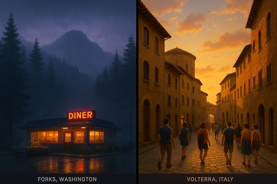 Visualiserar artikelns innehåll om populärkulturella platsers attraktivitet över tid